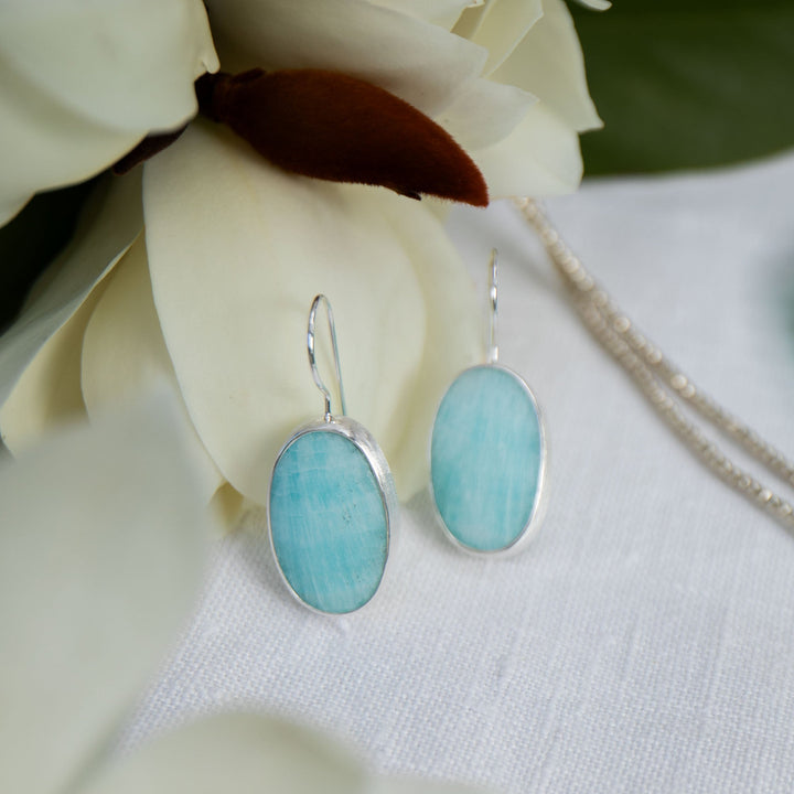 Blue Calcite Earrings in Brushed Sterling Silver