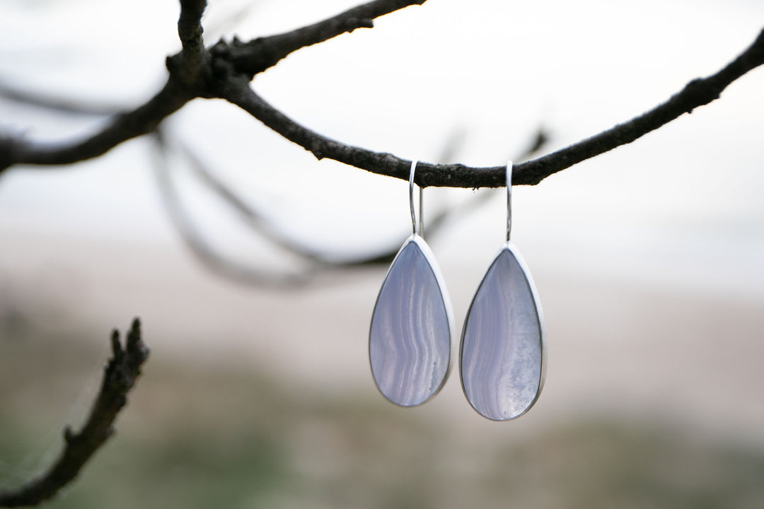 Blue Lace Agate Earrings in Brushed Sterling Silver