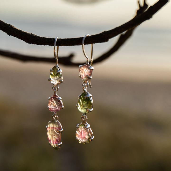 One of a Kind Leaf Carved Watermelon Tourmaline Triple Drop Earrings in Sterling Silver
