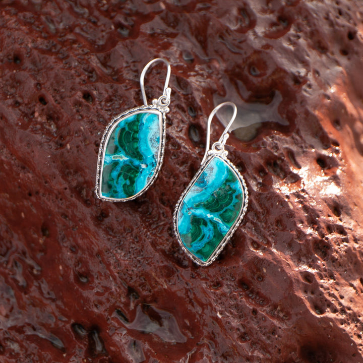 Malachite in Chrysocolla Earrings in Decorative Sterling Silver