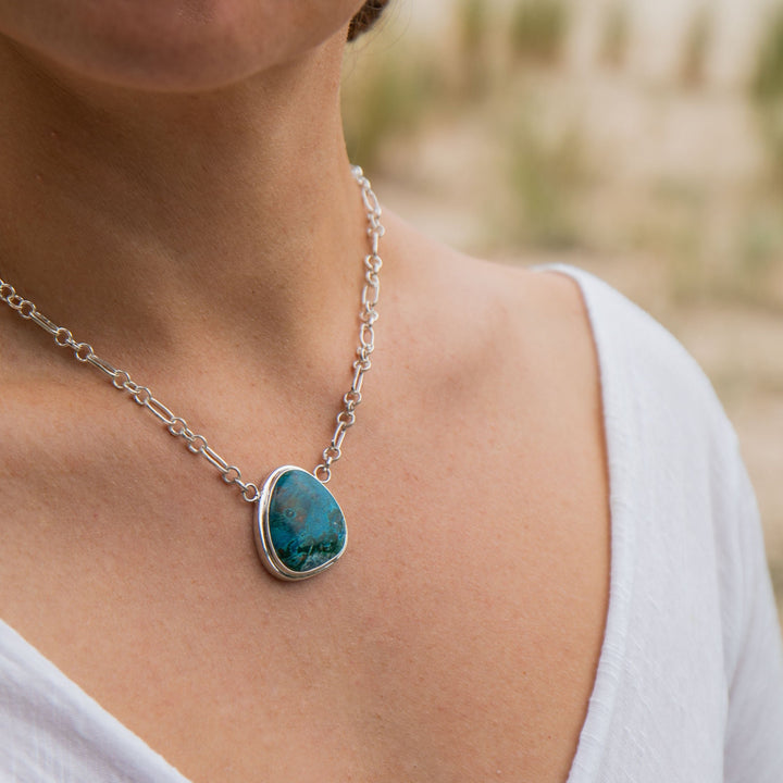 Chrysocolla Pendant in Bezel Sterling Silver on Link Chain