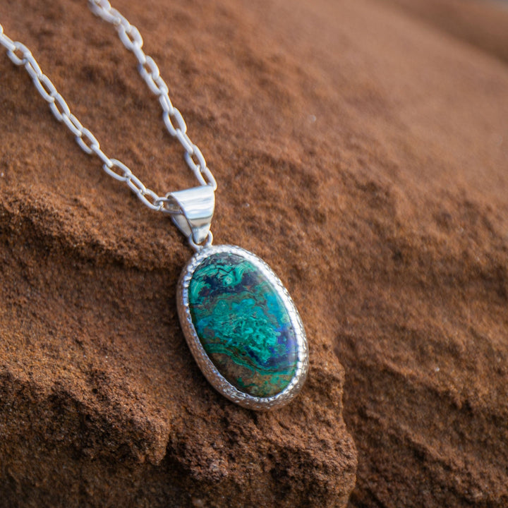 Stunning Oval Chrysocolla Pendant in Unique Bezel Sterling Silver