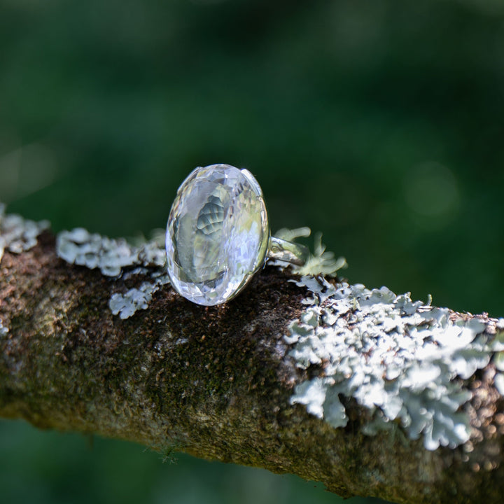 Faceted Teardrop Clear Crystal Quartz Ring set in Sterling Silver - Size 10 US