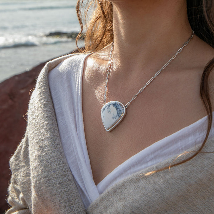 Statement Dendritic Agate Pendant set on Sterling Silver Paperclip Chain