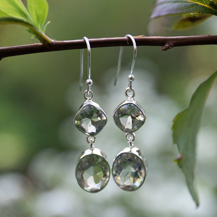 Double Drop Faceted Green Amethyst (Prasiolite) Earrings set in Sterling Silver