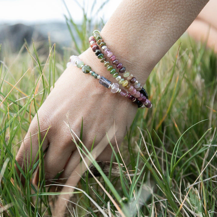 Graduated Double Watermelon Tourmaline Bracelet with Thai Hill Tribe Silver and Om Charm