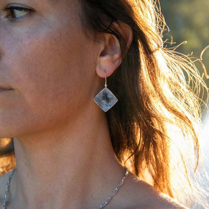 Black Druzy Earrings in Beaten Sterling Silver