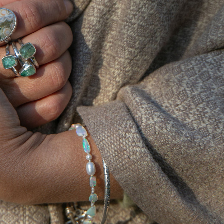 Ethiopian Opal, Pearl and Thai Hill Tribe Silver Bracelet