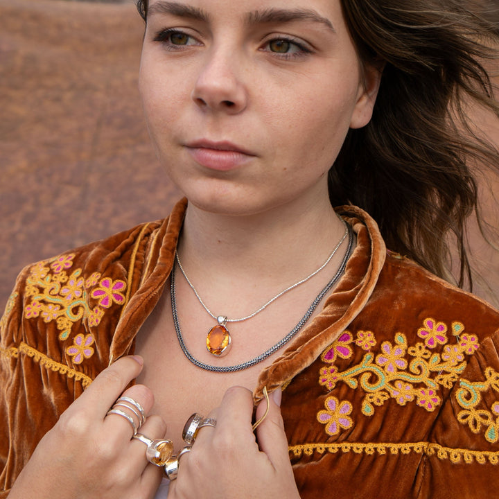 Oval Faceted Natural Citrine Pendant in Unique Sterling Silver Setting