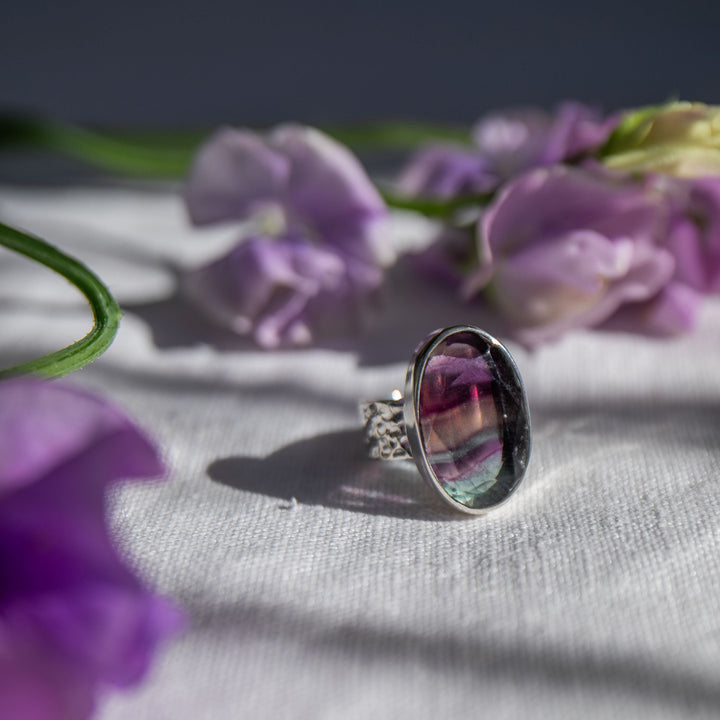 Fluorite Ring in Beaten Sterling Silver - Size 7.5 US