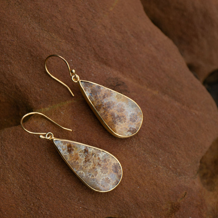 Statement Fossil Coral Earrings in Gold Plated Brushed Sterling Silver