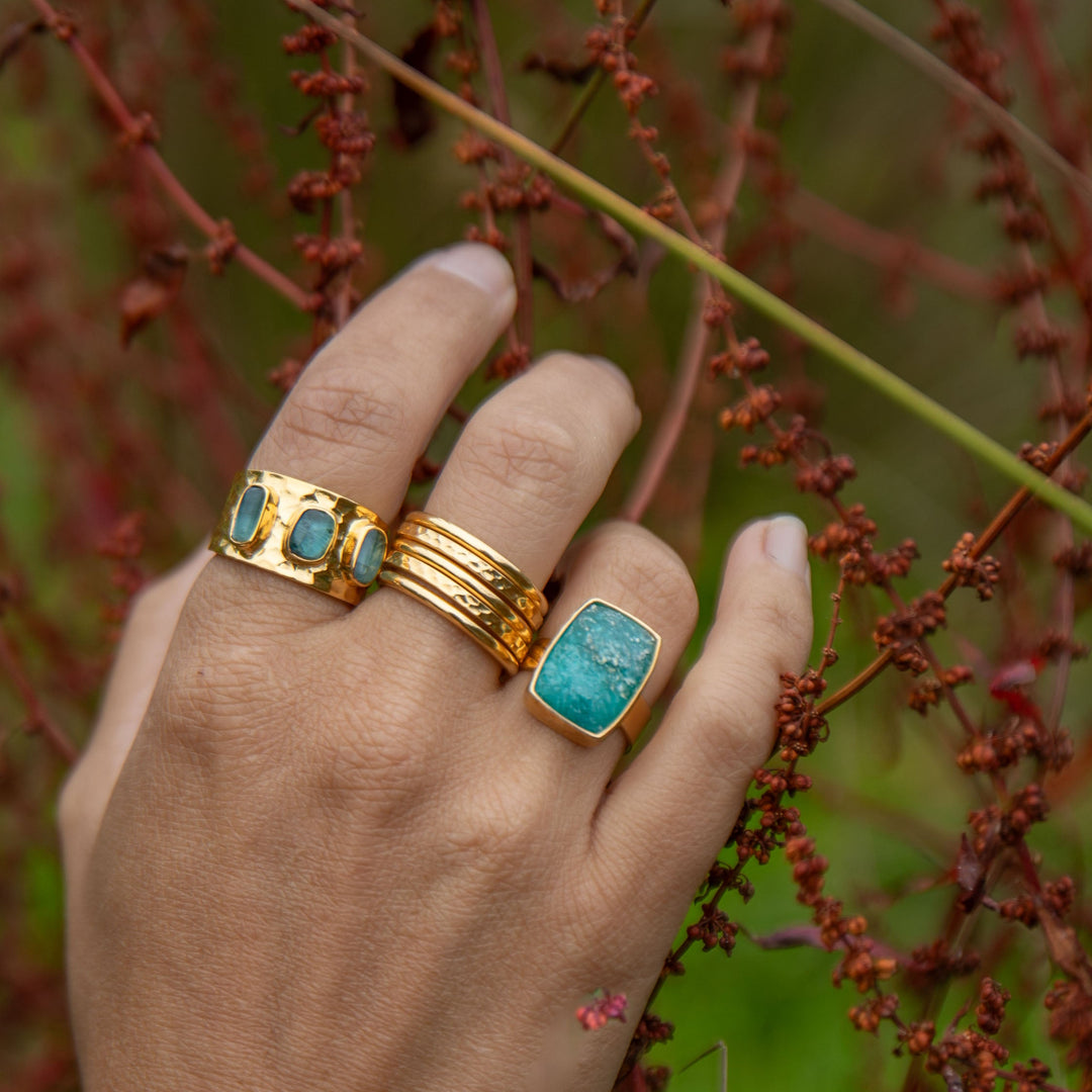 Triple Blue Green Tourmaline Ring set in Beaten 14k Gold Plated Sterling Silver - Size 8 US