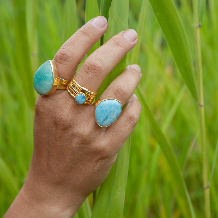 Larimar Ring set in Brushed Gold Plated Sterling Silver Band - Adjustable