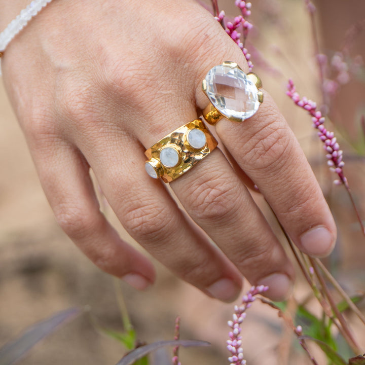 Rainbow Moonstone Triple Ring Set in Beaten 14k Gold Plated Sterling Silver - Size 7 US