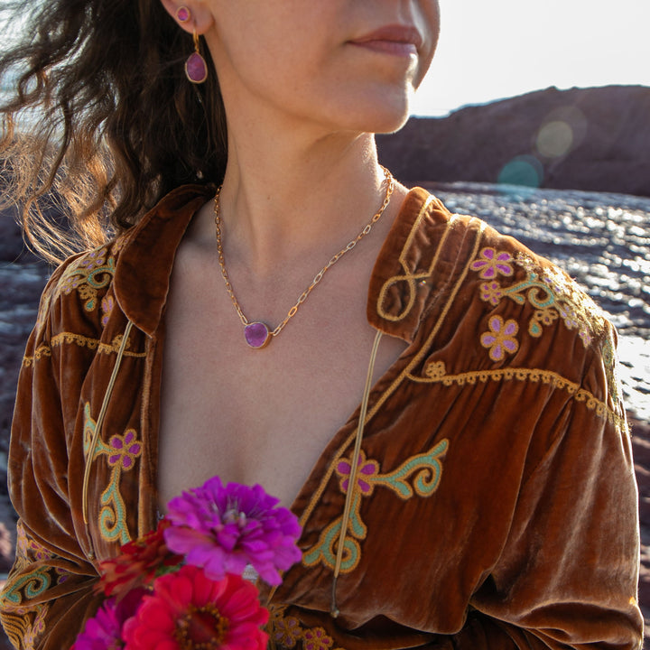 Raw Ruby Necklace with 24k Gold Plated Setting and Chain