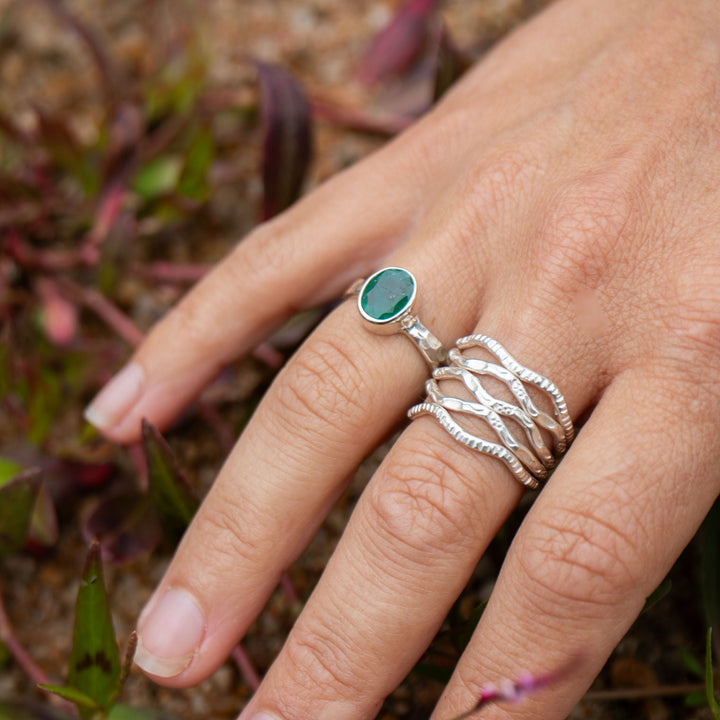 Green Kyanite Beaten Silver Ring - Size 6.5 US