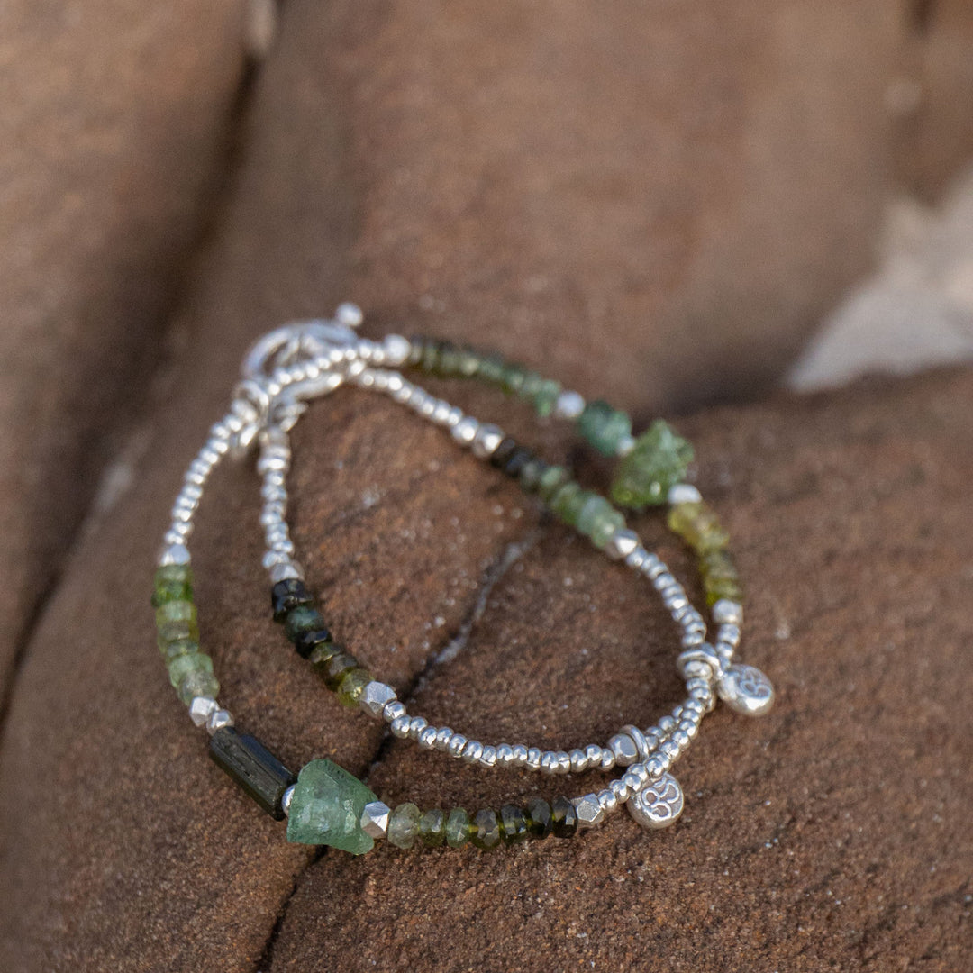 Green Tourmaline Wrap Bracelet with Thai Hill Tribe Silver