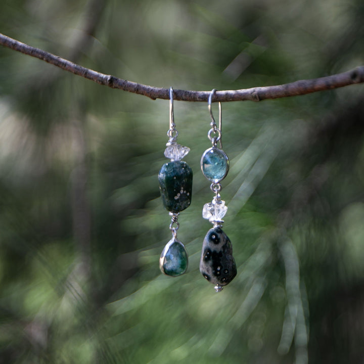 Ocean Jasper, Green Tourmaline and Herkimer Diamond Drop Earrings with Thai Hill Tribe Silver