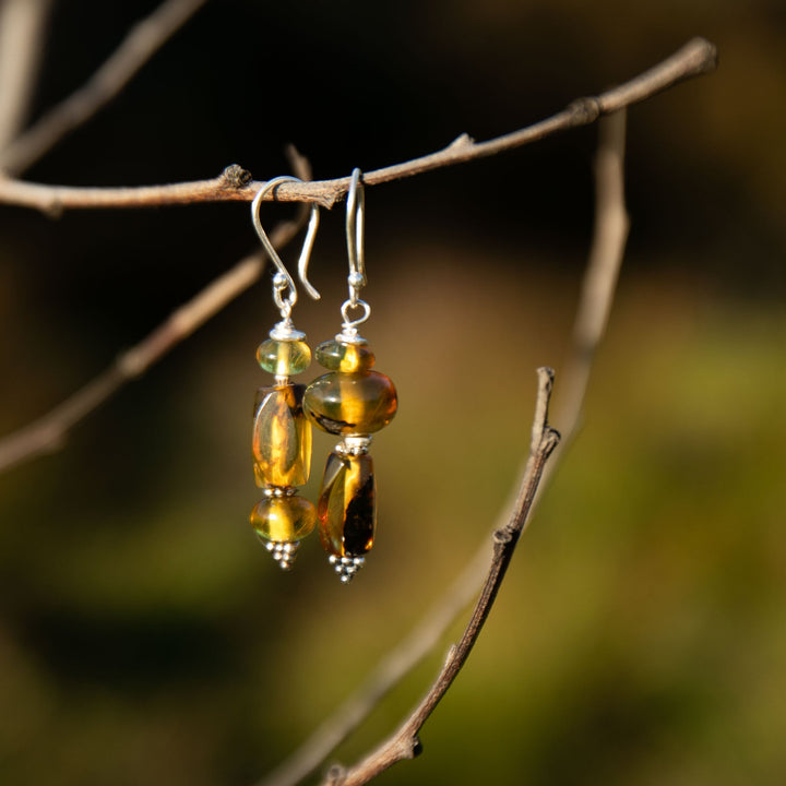 Beaded Amber and Thai Hill Tribe Silver Earrings