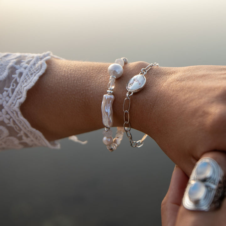 Freshwater Pearl and Rainbow Moonstone Bracelet with Thai Hill Tribe Silver Beads