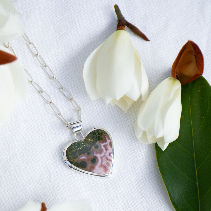 Ocean Jasper Heart Shaped Pendant in Bezel Sterling Silver Setting