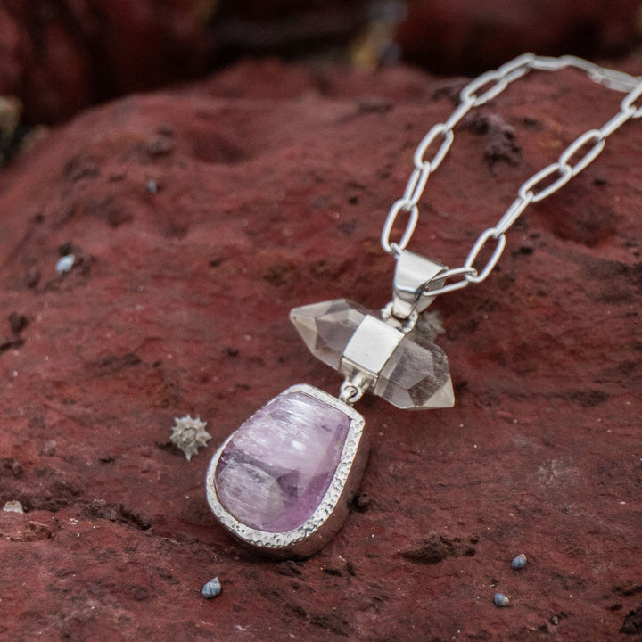 Reserved for Burcu *** Kunzite and Herkimer Diamond Pendant in Sterling Silver Setting