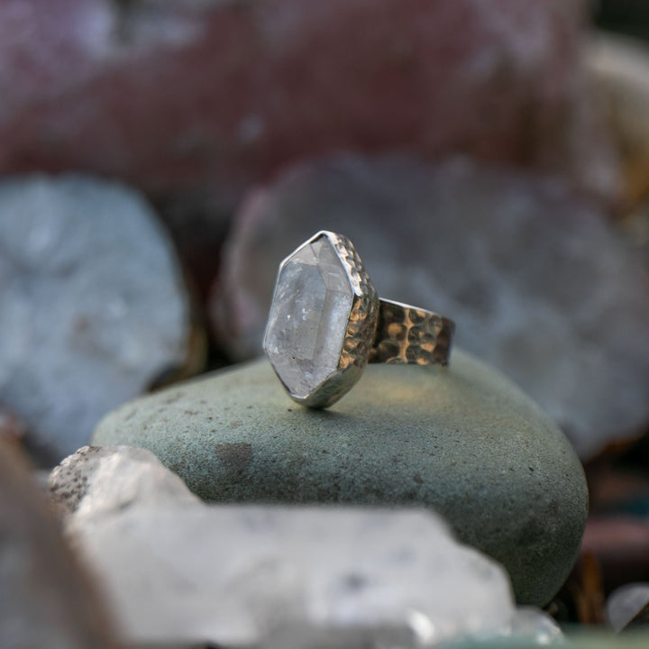 Herkimer Diamond Ring set in Beaten Sterling Silver - Adjustable