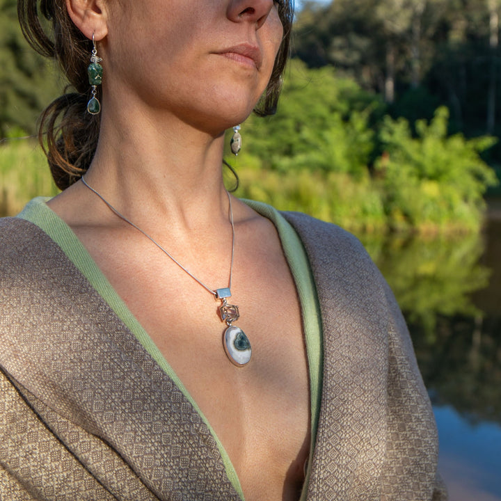 Ocean Jasper and Herkimer Diamond Pendant in Sterling Silver