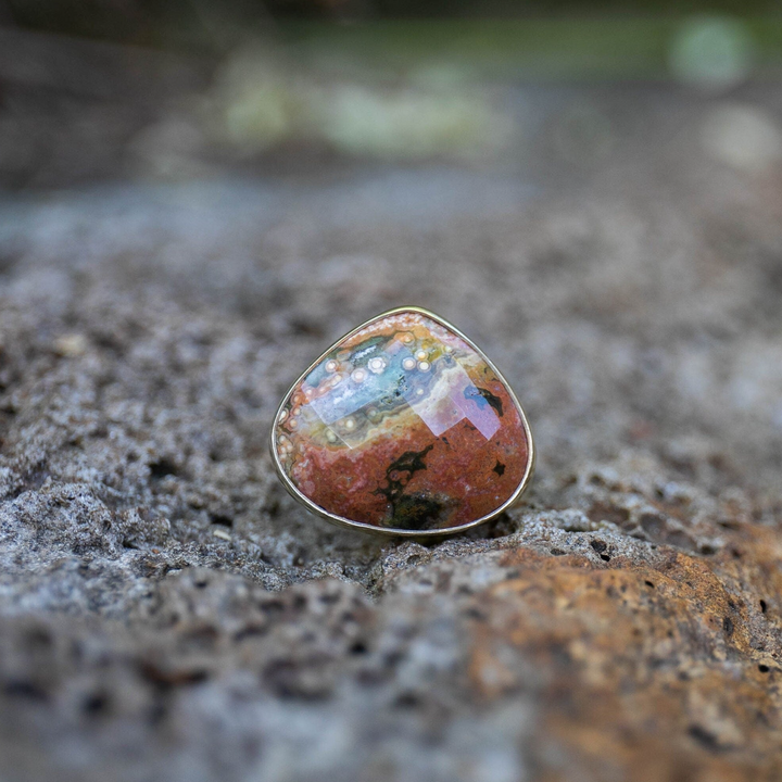 Ocean Jasper Ring with Adjustable Band in 14k Gold Plated Sterling Silver