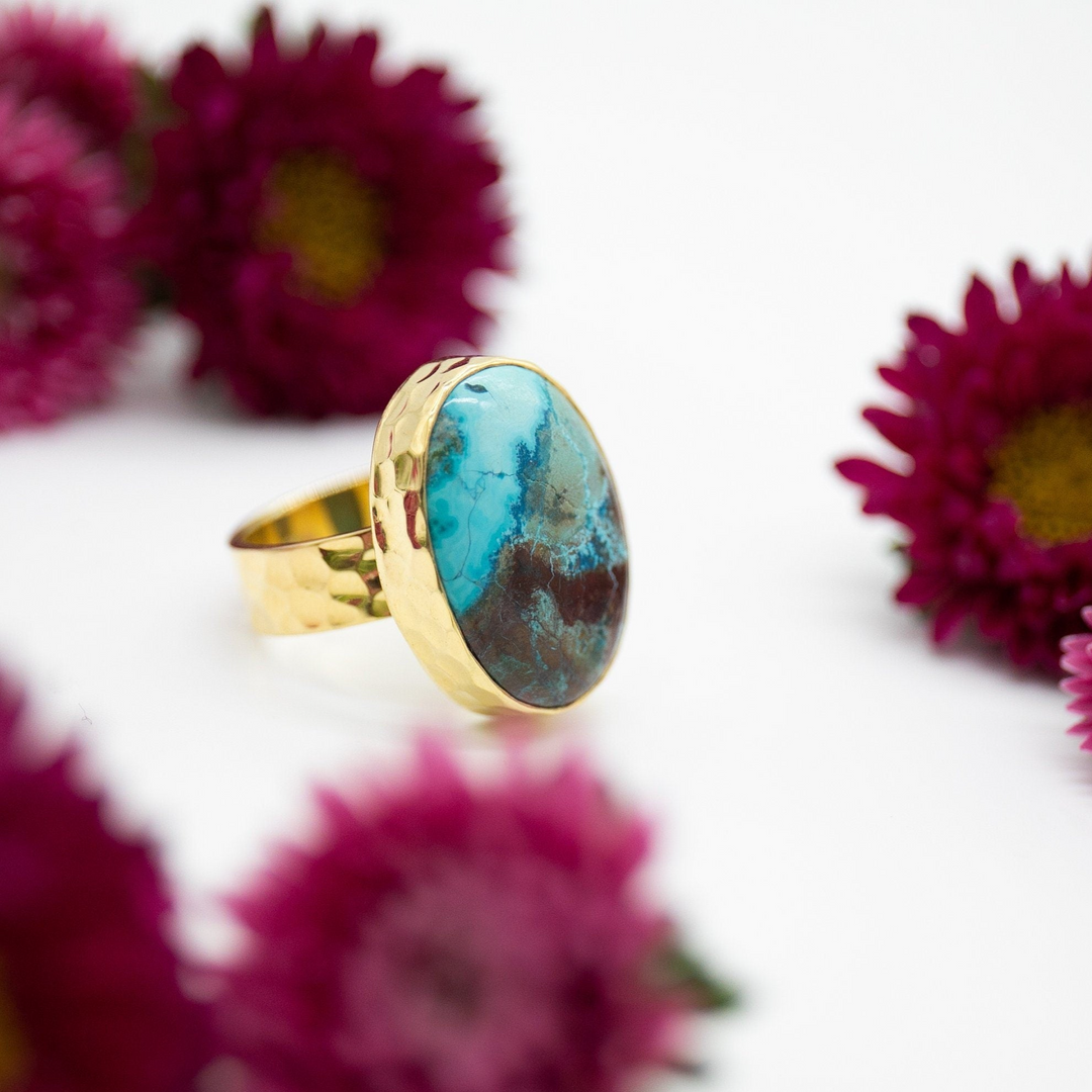 Shattuckite Ring set in Thick Beaten Gold Plated Sterling Silver Band - Size 9 US