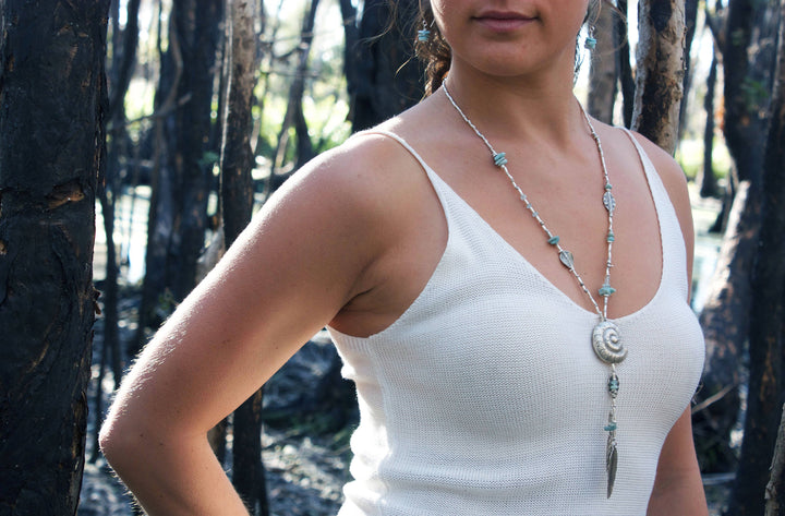 Statement Beaded Aquamarine and Larimar Long Necklace with Thai Hill Tribe Silver