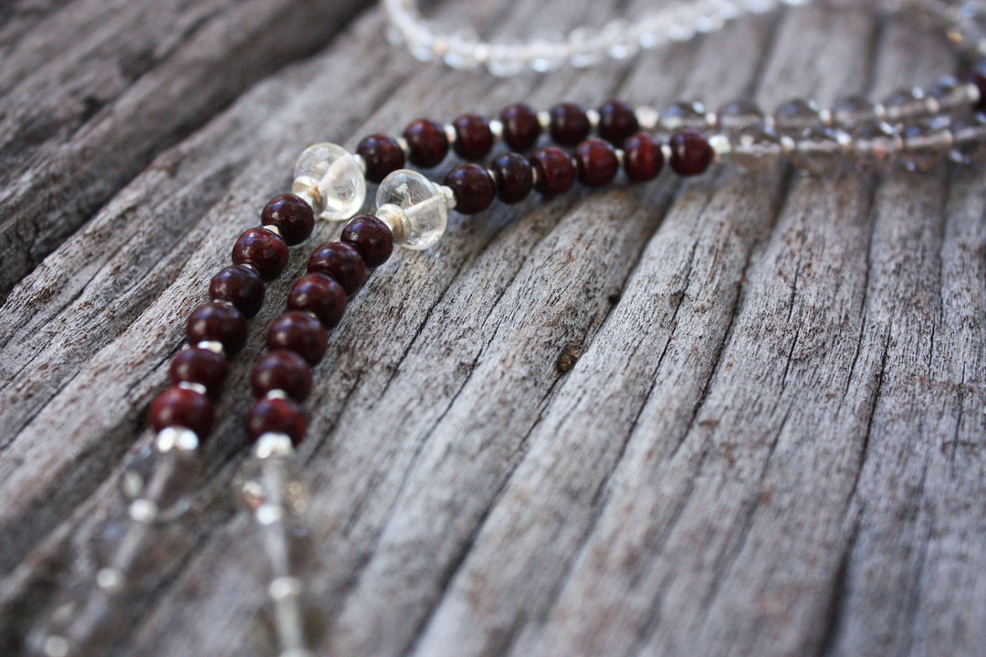 Smokey Quartz, Crystal Clear Quartz and Rosewood Mala Necklace with Sacred Rudraksha Guru Bead