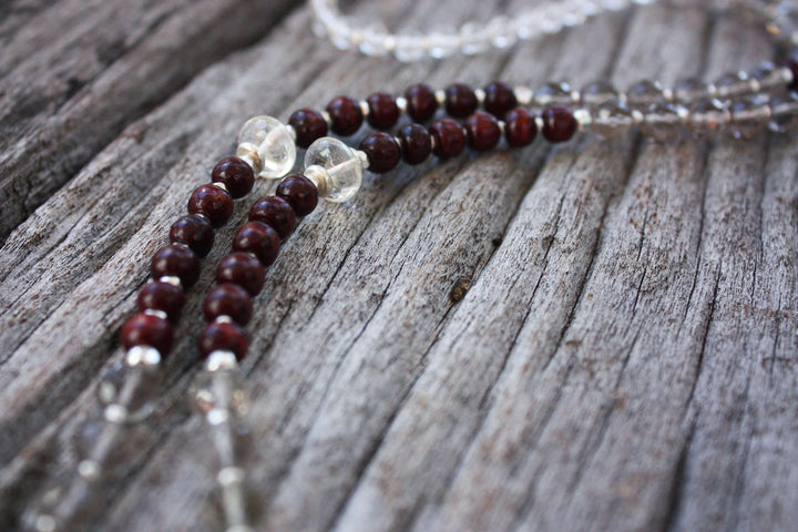 Smokey Quartz, Crystal Clear Quartz and Rosewood Mala Necklace with Sacred Rudraksha Guru Bead