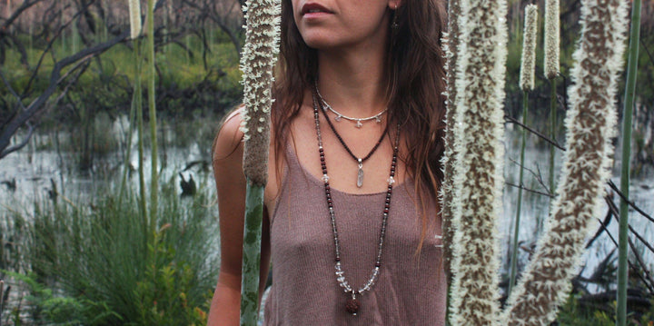 Smokey Quartz, Crystal Clear Quartz and Rosewood Mala Necklace with Sacred Rudraksha Guru Bead