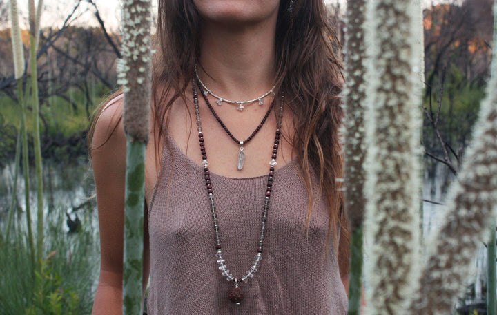 Smokey Quartz, Crystal Clear Quartz and Rosewood Mala Necklace with Sacred Rudraksha Guru Bead