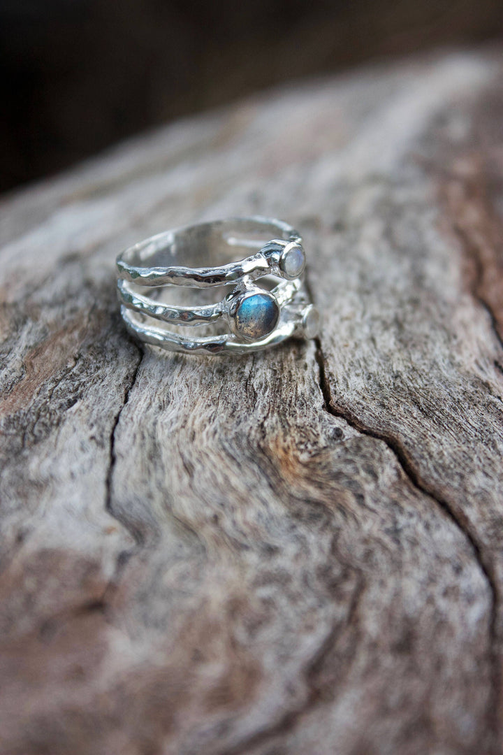 3 Band Labradorite and Rainbow Moonstone Ring set in Sterling Silver - Multiple Sizes