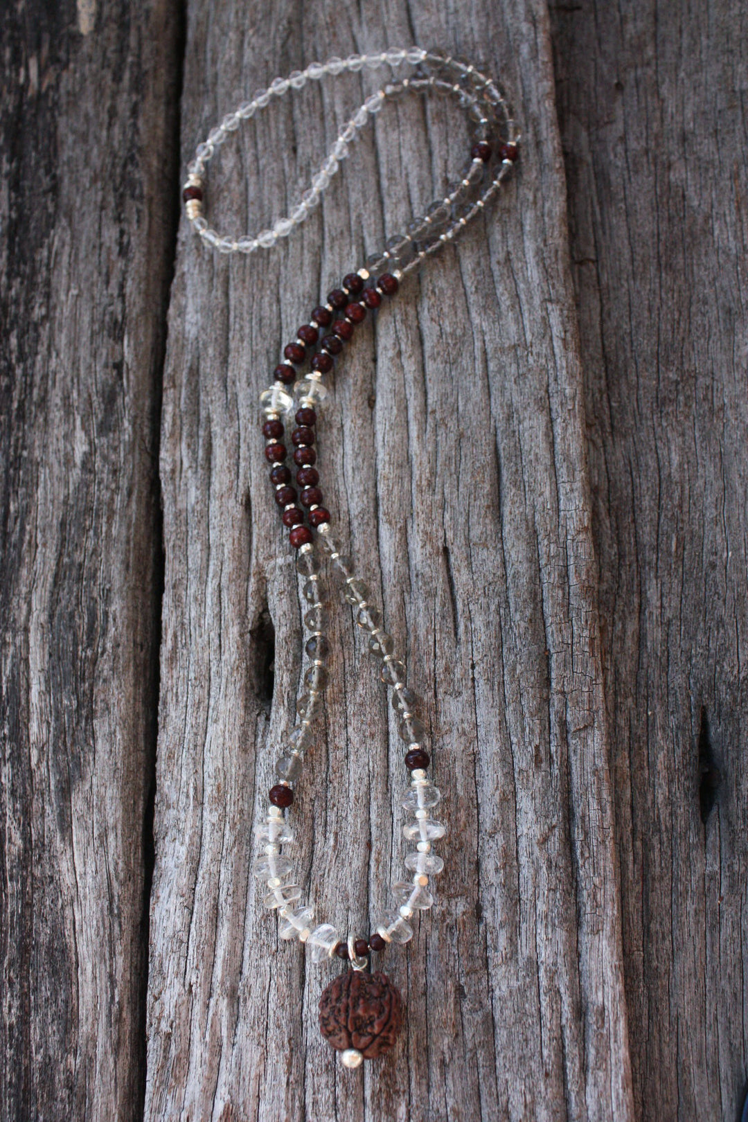 Smokey Quartz, Crystal Clear Quartz and Rosewood Mala Necklace with Sacred Rudraksha Guru Bead