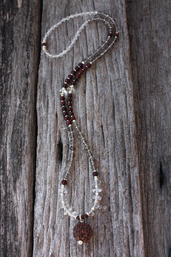 Smokey Quartz, Crystal Clear Quartz and Rosewood Mala Necklace with Sacred Rudraksha Guru Bead