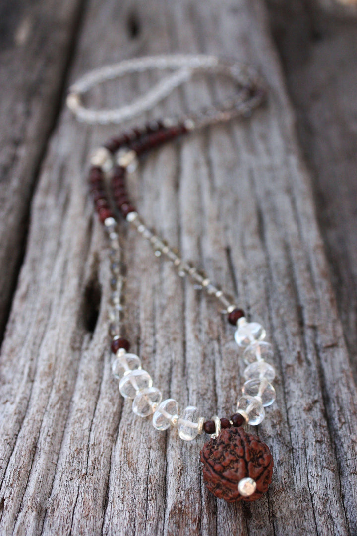 Smokey Quartz, Crystal Clear Quartz and Rosewood Mala Necklace with Sacred Rudraksha Guru Bead