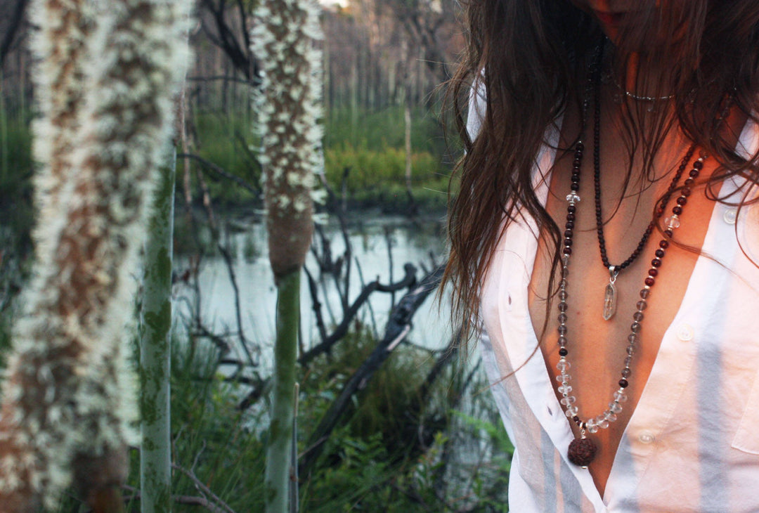 Smokey Quartz, Crystal Clear Quartz and Rosewood Mala Necklace with Sacred Rudraksha Guru Bead
