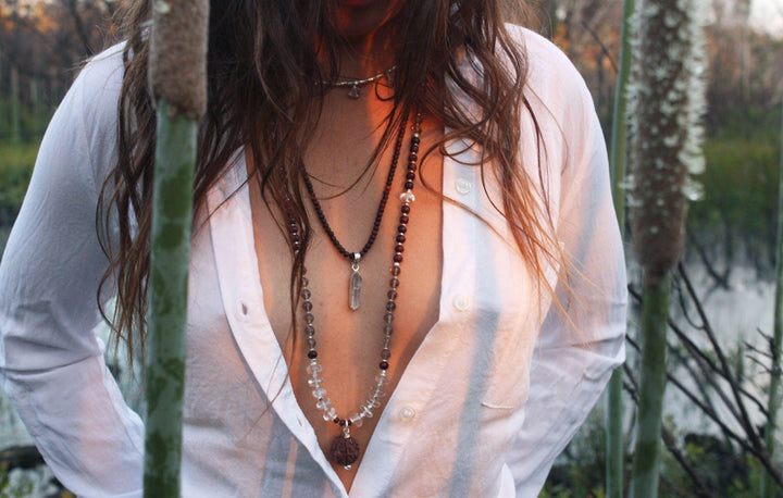 Smokey Quartz, Crystal Clear Quartz and Rosewood Mala Necklace with Sacred Rudraksha Guru Bead