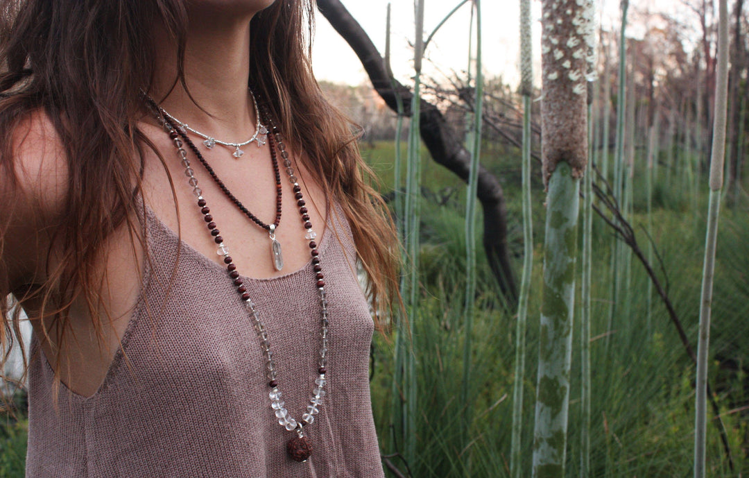 Smokey Quartz, Crystal Clear Quartz and Rosewood Mala Necklace with Sacred Rudraksha Guru Bead