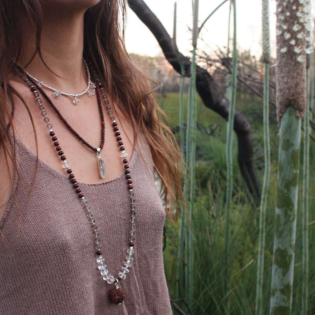 Smokey Quartz, Crystal Clear Quartz and Rosewood Mala Necklace with Sacred Rudraksha Guru Bead