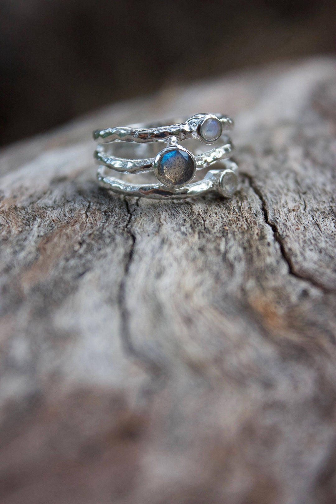 3 Band Labradorite and Rainbow Moonstone Ring set in Sterling Silver - Multiple Sizes