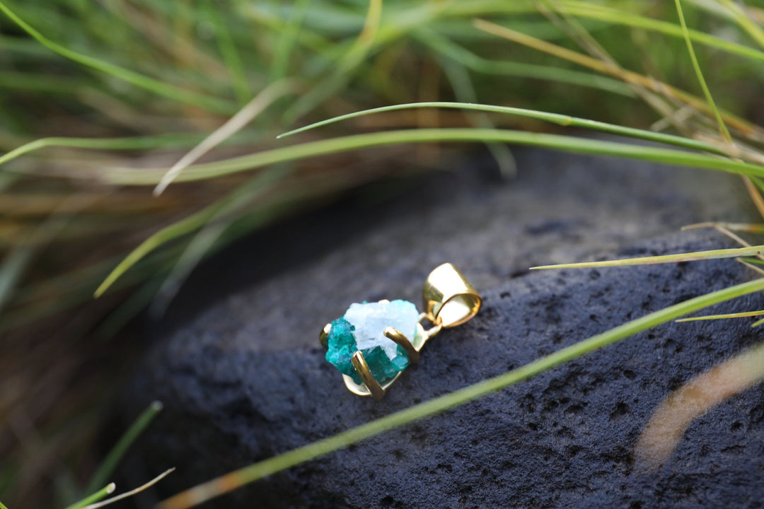 Raw Dioptase Pendant set in Gold Plated Sterling Silver Claw Setting on Fine Chain
