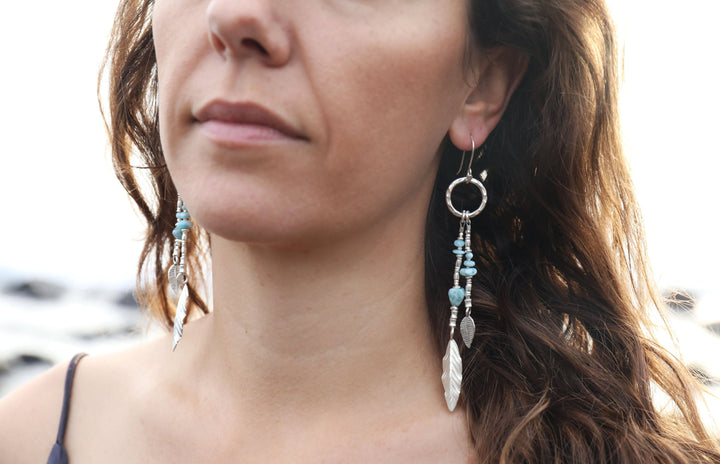 Statement Long Larimar and Thai Hill Tribe Silver Beaded Earrings