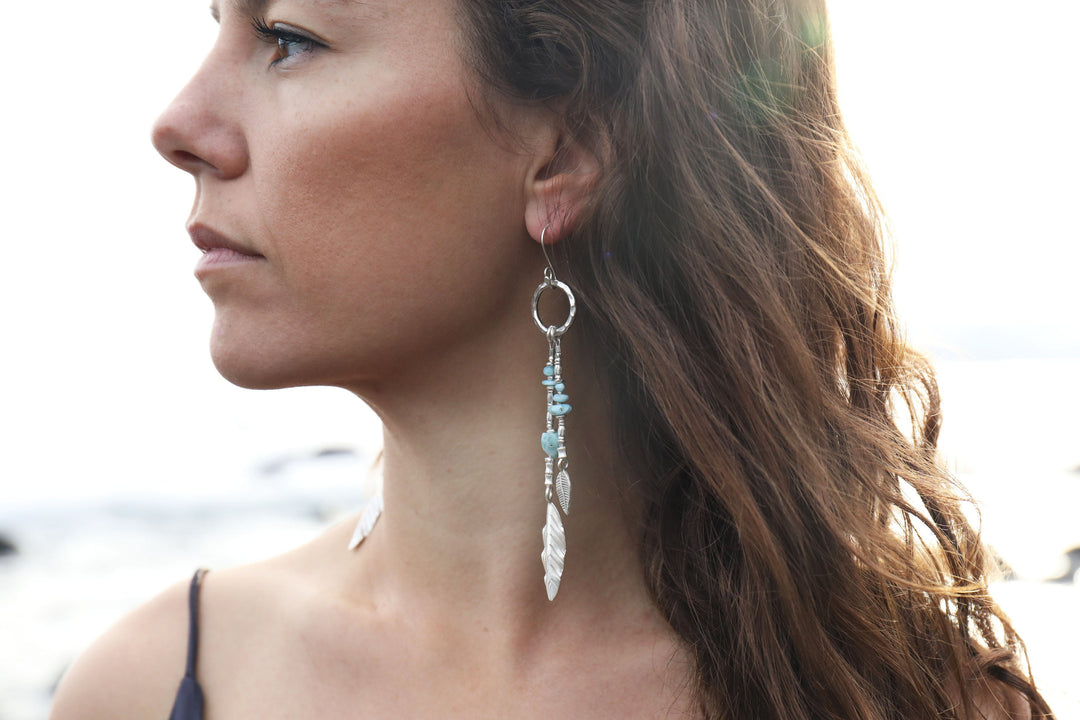 Statement Long Larimar and Thai Hill Tribe Silver Beaded Earrings