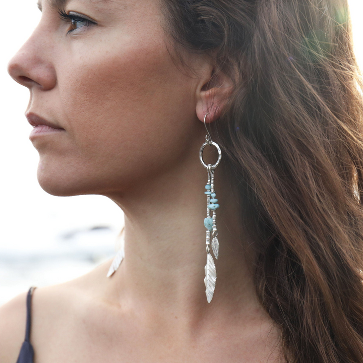 Statement Long Larimar and Thai Hill Tribe Silver Beaded Earrings