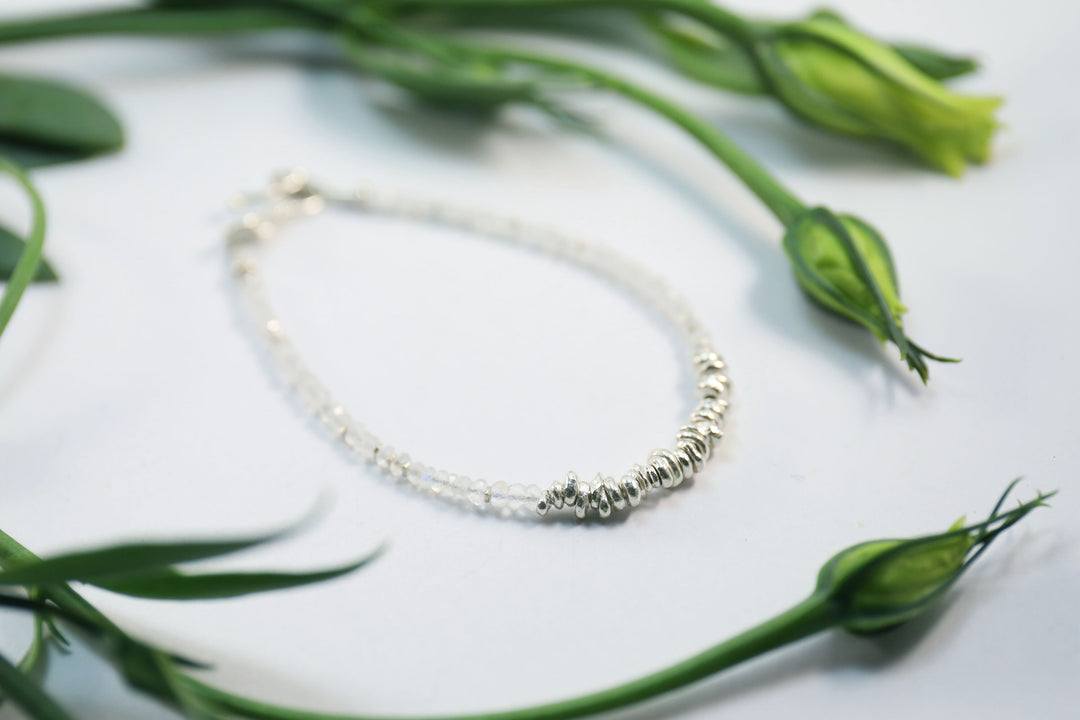 Beaded Rainbow Moonstone Bracelet with Thai Hill Tribe Silver