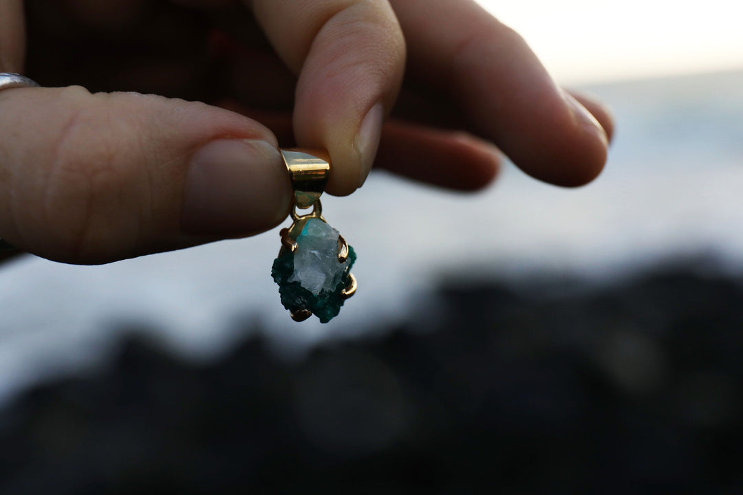 Raw Dioptase Pendant set in Gold Plated Sterling Silver Claw Setting on Fine Chain